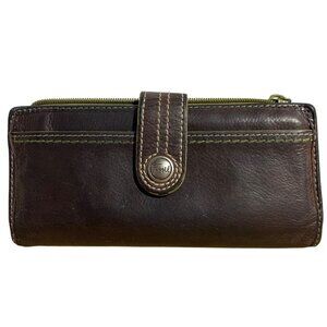 Fossil Brown Leather Wallet With Green Accents & Multiple Compartments For Women